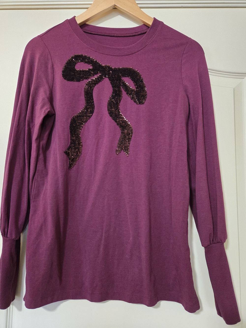 Belle by Kim Gravel Festive Long-Sleeve Berry Top with Sequin Bow